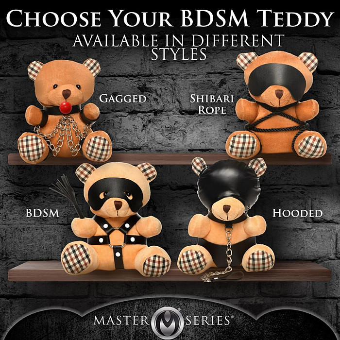 Плюшевый медвежонок HOODED Teddy Bear БДСМ в кожаном капюшоне с поводком, 23x16x12 см
