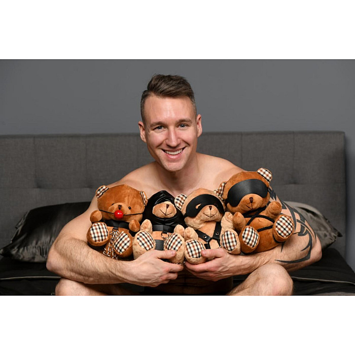 Плюшевый медвежонок HOODED Teddy Bear БДСМ в кожаном капюшоне с поводком, 23x16x12 см