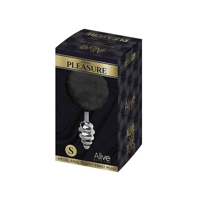 Металева анальна пробка Кролячий хвостик Alive Fluffy Twist Plug S Black, діаметр 2,9 см