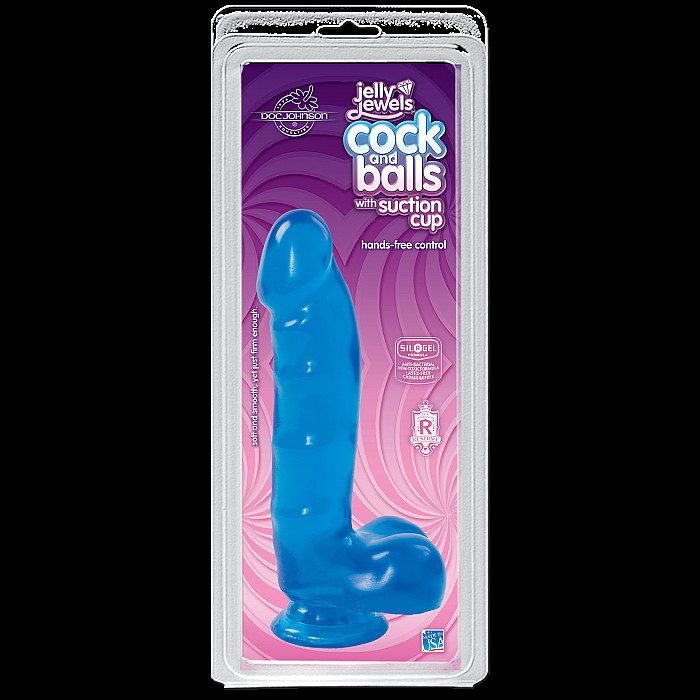 Фаллоимитатор Doc Johnson Jelly Jewels Cock & Balls Blue, диаметр 3,6см, антибактериальный ПВХ