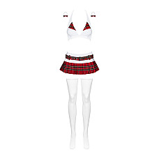 Эротический костюм школьницы с мини-юбкой Obsessive Schooly 5pcs costume L/XL, бело-красный, топ, юб