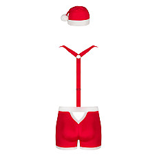 Чоловічий еротичний костюм Санта-Клауса Obsessive Mr Claus L/XL, боксери на підтяжках, шапочка з пом