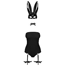 Еротичний костюм кролика Obsessive Bunny costume S/M, black, боді, чокер, гартери, панчохи, маска