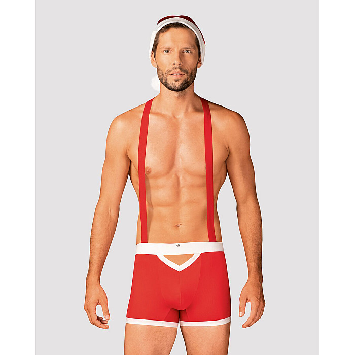 Мужской эротический костюм Санта-Клауса Obsessive Mr Claus 2XL/3XL, боксеры на подтяжках, шапочка с