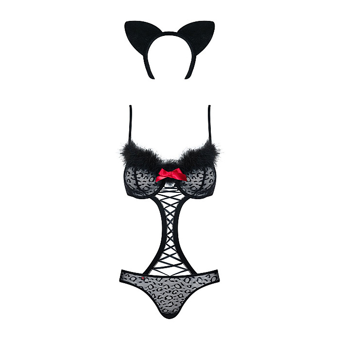 Еротичний костюм гепарду Obsessive Gepardina 3 pcs costume S/M, чорний, хутряне оздоблення, монокіні