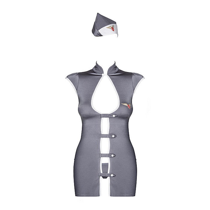 Еротичний костюм стюардеси Obsessive Stewardess 3 pcs costume grey S/M, сірий, сукня, стрінги, пілот