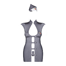 Эротический костюм стюардессы Obsessive Stewardess 3 pcs grey L/XL, серый, платье, стринги, пилотка