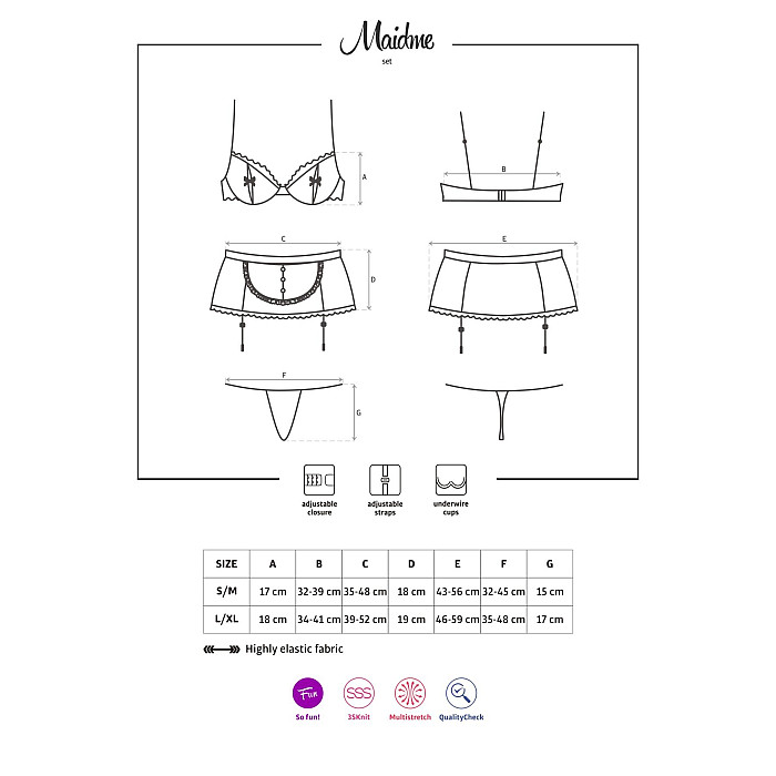 Эротический костюм горничной Obsessive Maidme set 5pcs S/M, бюстгальтер, пояс с фартуком, чулки