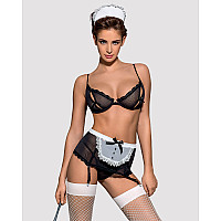 Эротический костюм горничной Obsessive Maidme set 5pcs S/M, бюстгальтер, пояс с фартуком, чулки