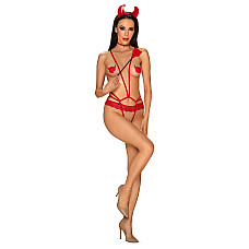 Еротичний костюм чортика зі стреп Obsessive Evilia teddy red S/M, боді, чокер, накладки на соски, об