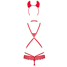 Еротичний костюм чортика зі стреп Obsessive Evilia teddy red S/M, боді, чокер, накладки на соски, об