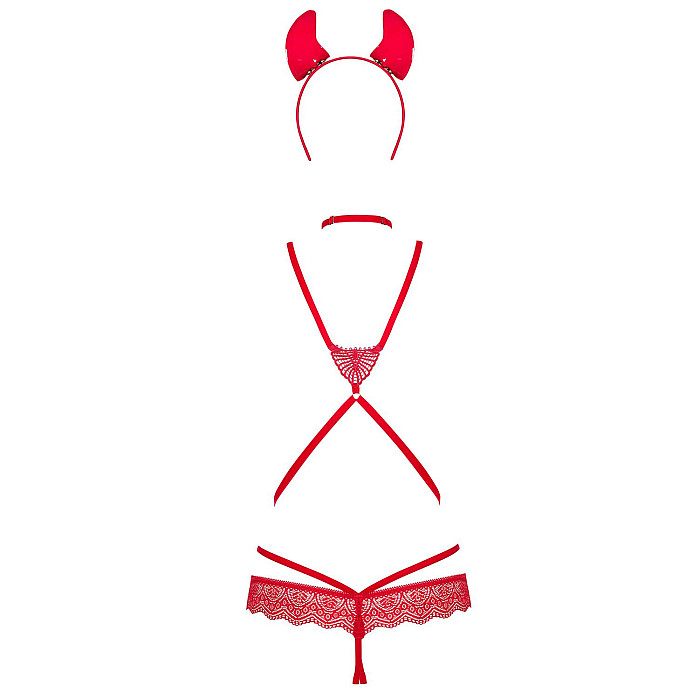 Еротичний костюм чортика зі стреп Obsessive Evilia teddy red S/M, боді, чокер, накладки на соски, об