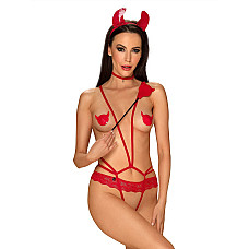 Еротичний костюм чортика зі стреп Obsessive Evilia teddy red L/XL, боді, чокер, накладки на соски, о