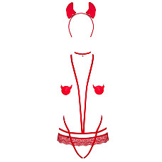 Еротичний костюм чортика зі стреп Obsessive Evilia teddy red L/XL, боді, чокер, накладки на соски, о