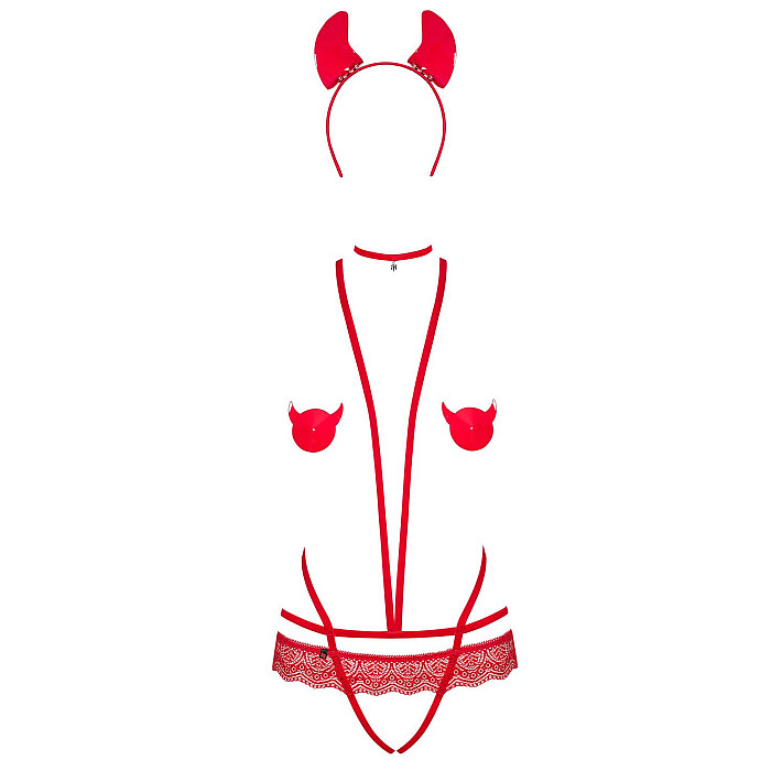 Еротичний костюм чортика зі стреп Obsessive Evilia teddy red L/XL, боді, чокер, накладки на соски, о