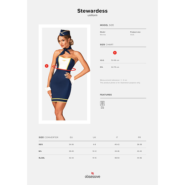 Эротический костюм стюардессы Obsessive Stewardess uniform XS/S, blue, платье, пилотка, шарф, манжеты