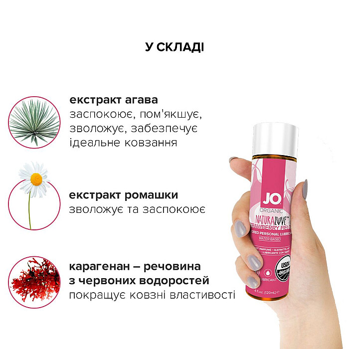 Смазка на водной основе JO NATURALOVE Strawberry (120 мл) с экстрактом ромашки и листьев агавы