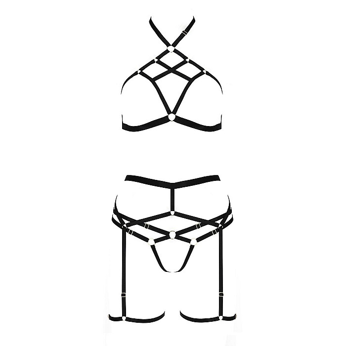 Комплект білизни Passion Exclusive MORGAN SET OpenBra L/XL, black, стрепи, трусики, ліф, пояс