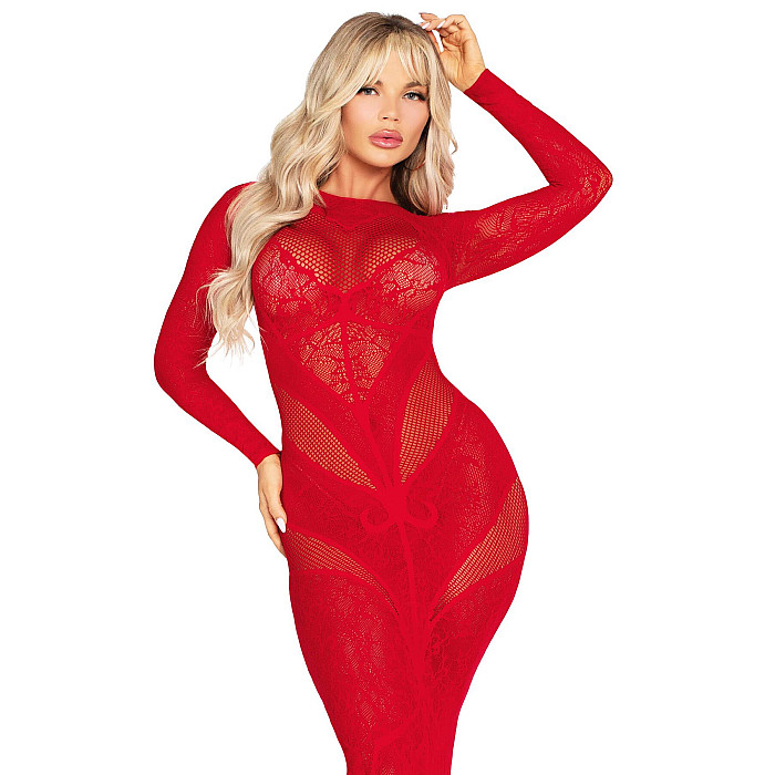Платье с длинным рукавом Leg Avenue Lace and Net Bodycon Gown One Size, Red