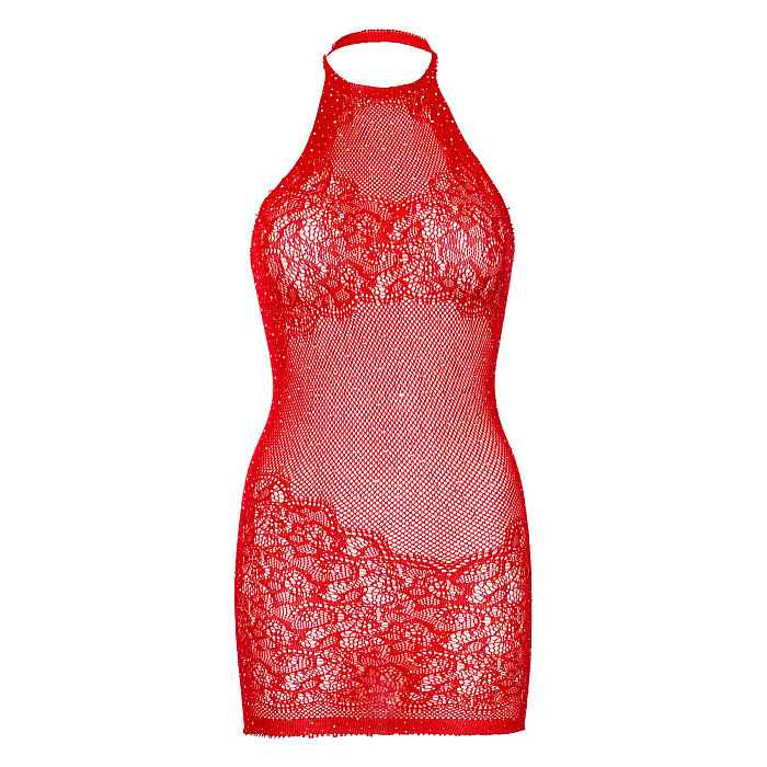 Платье-сетка со стразами Leg Avenue Rhinestone halter mini dress Red, открытая спина, one size