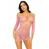Платье-сетка с сердечками Leg Avenue Heart net mini dress Pink, завязки, открытые плечи, one size