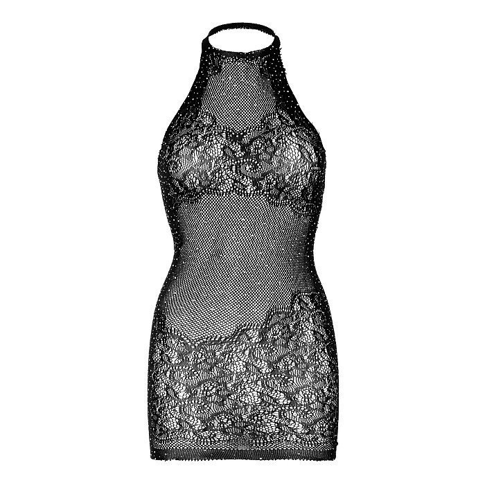 Платье-сетка со стразами Leg Avenue Rhinestone halter mini dress Black, открытая спина, one size