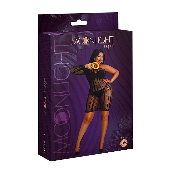 Платье-бодистокинг Moonlight Plus Model 05 XL-XXXL Black, закрытое одно плечо и рукав