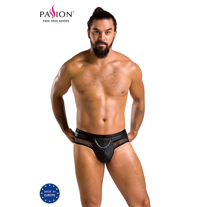 Мужские трусы с цепочкой Passion 030 SLIP TOM S/M Black, экокожа, открытые ягодицы