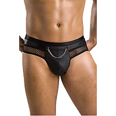 Чоловічі труси з ланцюжком Passion 030 SLIP TOM XXL/XXXL Black, екошкіра, відкриті сідниці