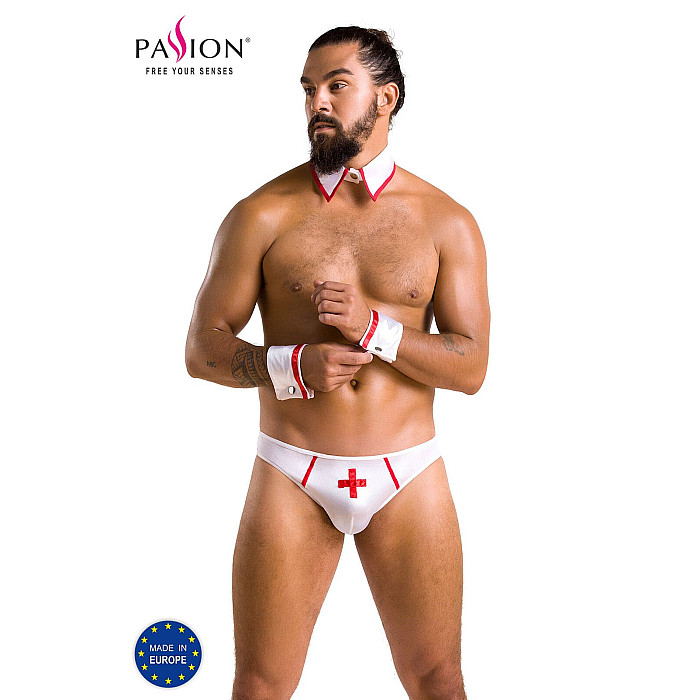 Комплект еротичної чоловічої білизни Passion 037 GREGORY S/M White, труси, комірець, манжети