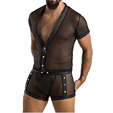 Комплект сетчатого мужского белья Passion 052 SET MICHAEL L/XL black, рубашка, боксеры, заклепки