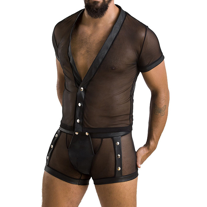 Комплект сетчатого мужского белья Passion 052 SET MICHAEL L/XL black, рубашка, боксеры, заклепки