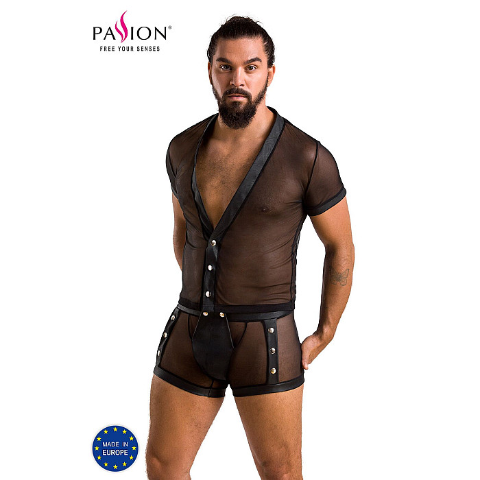 Комплект сітчастої чоловічої білизни Passion 052 SET MICHAEL S/M black, сорочка, боксери, заклепки