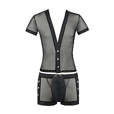 Комплект сетчатого мужского белья Passion 052 SET MICHAEL S/M black, рубашка, боксеры, заклепки