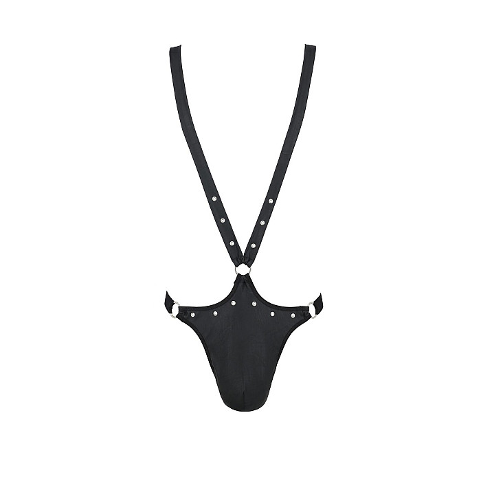 Чоловіче боді з люверсами Passion 028 HARRY S/M Black, екошкіра, на шлейках