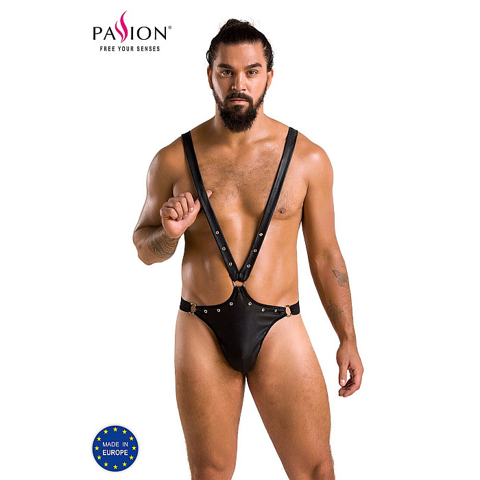 Чоловіче боді з люверсами Passion 028 HARRY S/M Black, екошкіра, на шлейках