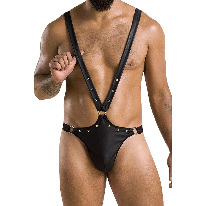 Чоловіче боді з люверсами Passion 028 HARRY S/M Black, екошкіра, на шлейках