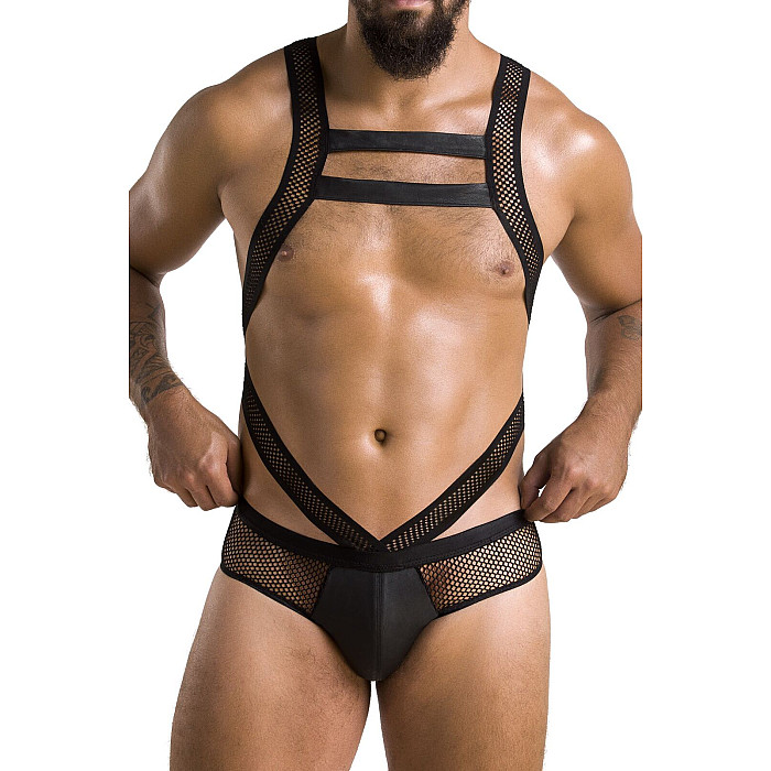 Чоловіче еротичне сітчасте боді Passion 045 VICTOR L/XL Black, екошкіра, сітка