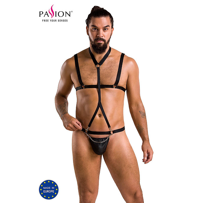 Комплект мужского белья из стреп Passion 039 SET ANDREW S/M Black, стринги, шлейка