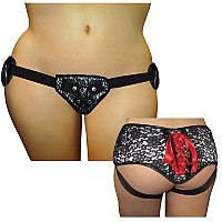 Трусы для страпона Sportsheets - SizePlus Grey&Black Lace Corsette, широкий пояс, бант, кружево