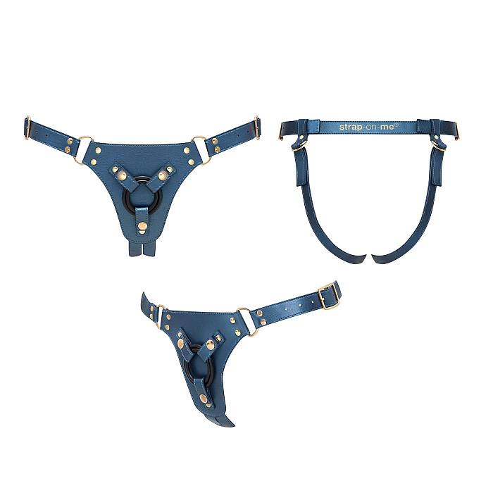 Трусики для страпона Strap-On-Me Harness Generous Blue, One Size, искусственная кожа, регулируемые ремни, сменные крепления для ди