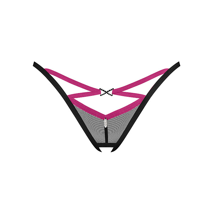 Трусики-стринги Obsessive Novenes crotchless thong, XL/2XL, сетка, стрепы, украшение со стразами