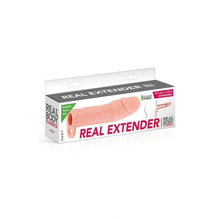 Насадка на член Real Body — Real Extender HUGY з відкритою головкою та кільцем для мошонки