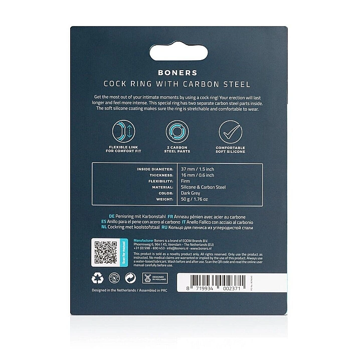 Эрекционное кольцо Boners Cock Ring With Steel Core, стальные вставки, внутренний диаметр 3,7 см
