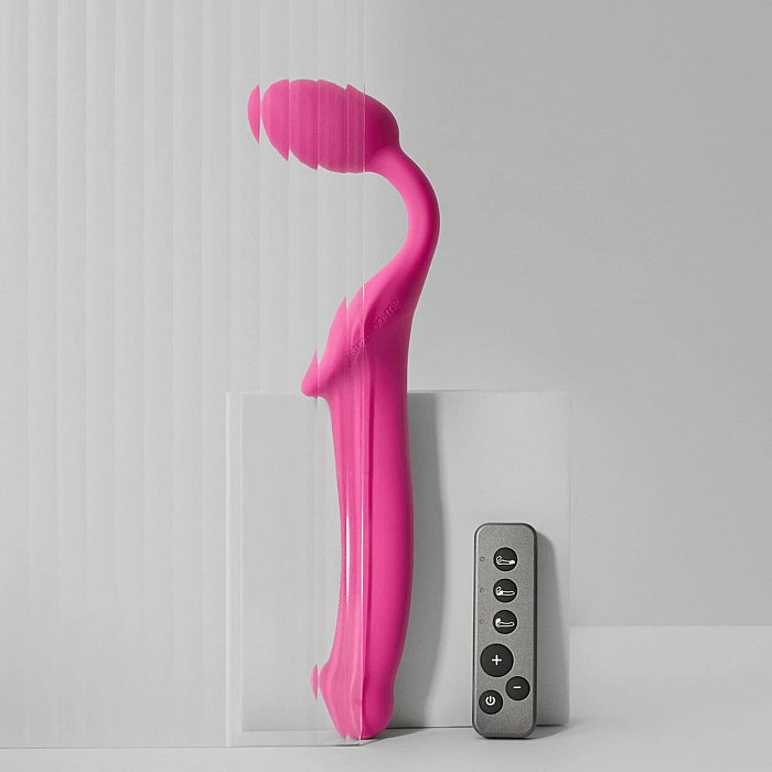 Безремневой страпон с вибрацией Strap-On-Me Vibrating Fuchsia M, диаметр 3,8 см, пульт ДУ, регулируемый