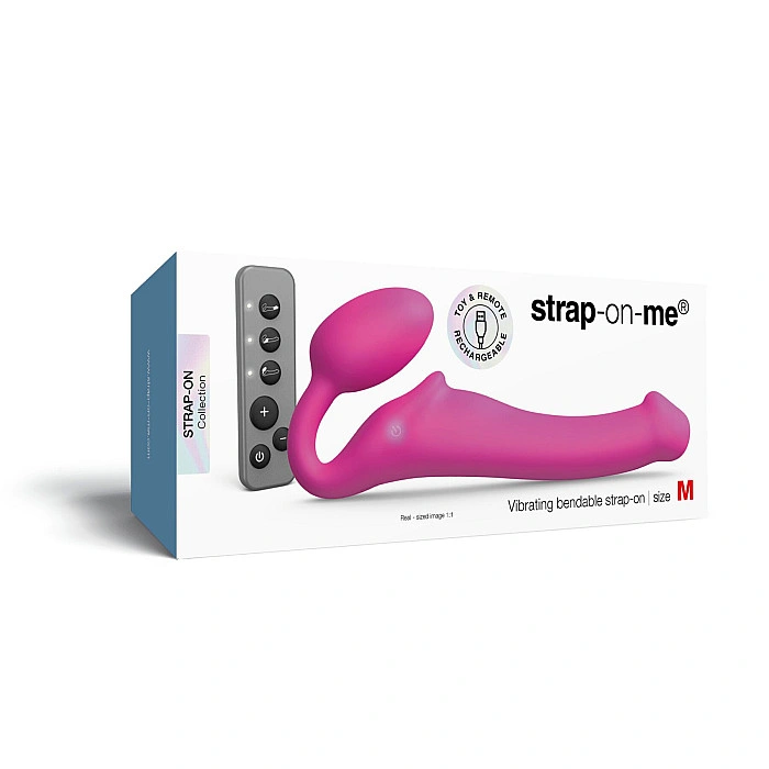 Безремневой страпон с вибрацией Strap-On-Me Vibrating Fuchsia M, диаметр 3,8 см, пульт ДУ, регулируемый