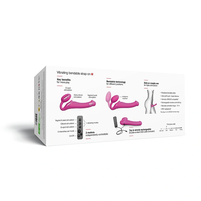 Безремневой страпон с вибрацией Strap-On-Me Vibrating Fuchsia M, диаметр 3,8 см, пульт ДУ, регулируемый