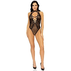 Leg Avenue Net and lace halter bodysuit OS Black