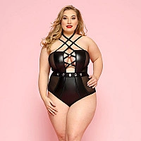 Сексуальное боди JSY «Страстная Лорейн» Plus Size Black, люверсы, стрепы, экокожа, шнуровка