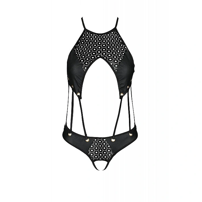 Боди с открытым доступом Passion TASMINA BODY S/M, black, экокожа, шнуровки, ажурные кружева